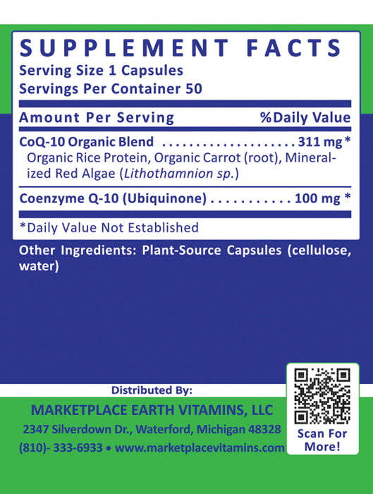CoQ- 10 Blend - Q-10 Support Blend 311 mg Organic Rice Protein, Organic Carrot (root), Mineralized Red Algae (Lithothamnion sp.) Coenzyme Q-10 (Ubiquinone) 100 mg - Marketplace Earth Vitamins, L.L.C.