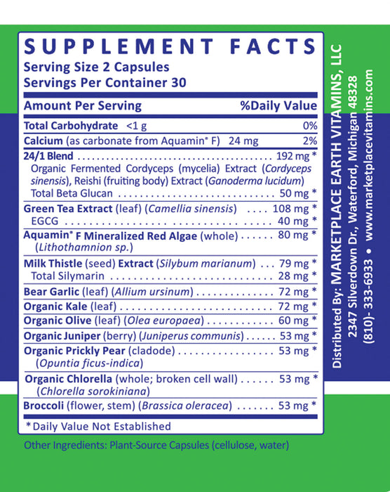 24/1 Daily-Multi Plant Blend - Fermented Cordyceps (mycelia) Extract (Cordyceps sinensis), Milk Thistle (seed) Extract (Silybum marianum), Bear Garlic (leaf)(Allium ursinum), Reishi Extract (fruiting body) (Ganderma lucidum), Olive Leaf (Olea europaea) - Marketplace Earth Vitamins, L.L.C.
