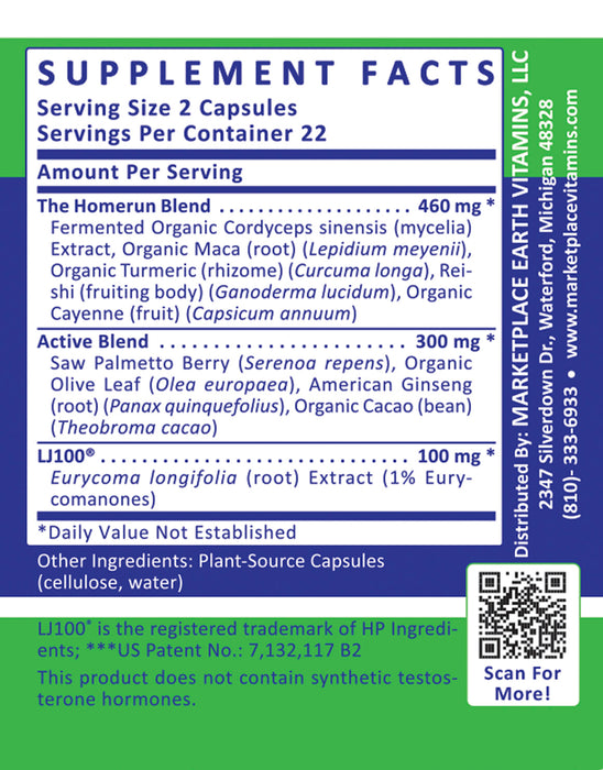The Homerun - SynaBolic Blend;460 mg Fermented Cordyceps sinensis (mycelia) Extract, Organic Maca (root) (Lepidium meyenii), Organic Turmeric (rhizome) (Curcuma longa), Reishi (fruiting body) (Ganoderma lucidum), Organic Cayenne (fruit) (Capsicum annuum)  EuryBolic Blend300 mg Saw Palmetto Berry (Serenoa repens), Organic Olive Leaf(Olea europaea), American Ginseng(root)(Panax quinquefolius) , Cacao (bean) (Theobroma cacao)  LJ100®300 mg Eurycoma longifolia (root) Extract (1% Eurycomanones)