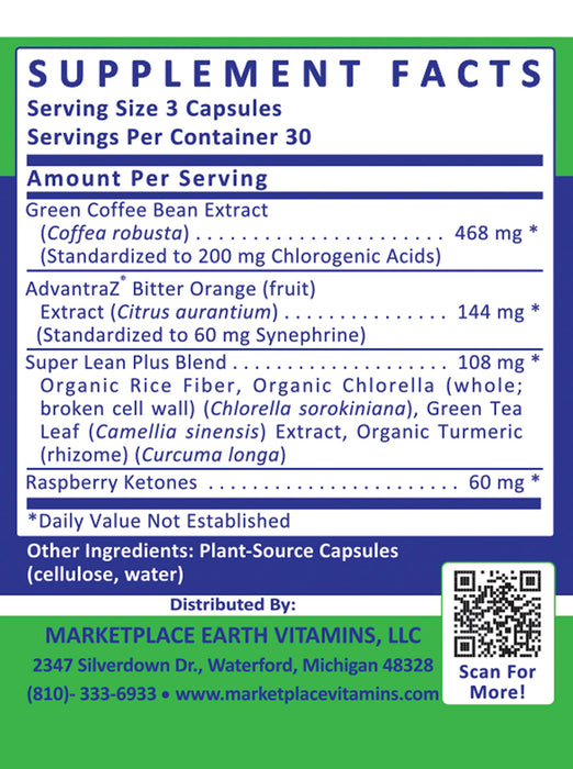 Super Lean Plus-Natural Weight Management - Green Coffee Bean Extract (Coffea robusta) 468 mg (Standardized to 200 mg Chlorogenic Acids) AdvantraZ® Bitter Orange (fruit) Extract (Citrus aurantium) 144 mg (Standardized to 60 mg Synephrine) Super Lean Plus-Natural Weight Loss Blend 108 mg Organic Rice Fiber, Organic Chlorella (whole; broken cell wall) (Chlorella sorokiniana), Green Tea Leaf (Camellia sinensis) Extract, Organic Turmeric (rhizome) (Curcuma longa) Raspberry Ketones 60 mg