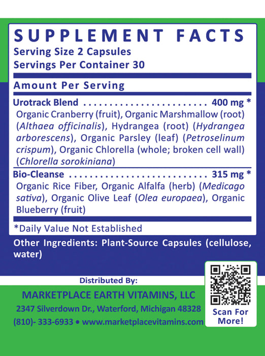 Urotrack-Urinary Bio-Support - Bladder ProTM 400 mg Organic Cranberry (fruit), Organic Marshmallow (root) (Althaea officinalis), Hydrangea (root) (Hydrangea arborescens), Organic Parsley (leaf) (Petroselinum crispum), Organic Chlorella (whole; broken cell wall) (Chlorella sorokiniana)  Uri-Cleanse 315 mg * Organic Rice Fiber, Organic Alfalfa (herb) (Medicago sativa) , Organic Olive Leaf (Olea europaea), Organic Blueberry (fruit)