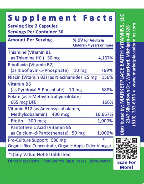 Power B's Complete Vitamin B - Thiamine (Vitamin B1 as Thiamine HCl) 50 mg Riboflavin (Vitamin B2) (as Riboflavin-5-Phosphate) 10 mg Niacin (Vitamin B3) (as Niacinamide) 25 mg Vitamin B6 (as Pyridoxal-5-Phosphate) 10 mg Folate (as 5-Methyltetrahydrofolate) 680 mcg DFE Vitamin B12 (as Adenosylcobalamin, Methylcobalamin) 400 mcg Biotin 300 mcg Pantothenic Acid (Vitamin B5 as Calcium-d-Pantothenate) 50 mg Pro-Culture Support 590 mg Organic Rice Concentrate, Organic Apple Cider Vinegar