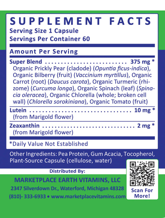 Biovision Plus Eye Support - Eye Integrity Support Blend 375 mg Organic Prickly Pear (cladode) (Opuntia ficus-indica), Organic Bilberry (fruit) (Vaccinium myrtillus), Organic Carrot (root) (Daucus carota), Organic Turmeric (rhizome) (Curcuma longa), Organic Spinach (leaf) (Spinacia oleracea), Organic Chlorella (whole; broken cell wall) (Chlorella sorokiniana), Organic Tomato (fruit) Lutein (from Marigold flower) 10 mg Zeaxanthin (from Marigold flower) 2 mg - Marketplace Earth Vitamins, L.L.C.