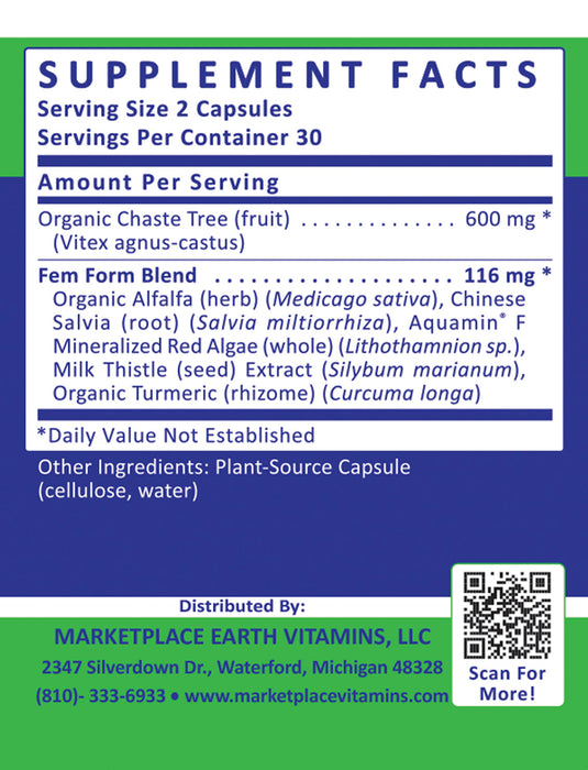 FemForm-Ultra Female Support Blend - Organic Chaste Tree (fruit) 600 mg (Vitex agnus-castus) Ultra Fem Support Blend™ 116 mg Organic Alfalfa (herb) (Medicago sativa), Organic Chinese Salvia (root) (Salvia miltiorrhiza), Aquamin® F Mineralized Red Algae (whole) (Lithothamnion sp.), Milk Thistle (seed) Extract (Silybum marianum), Organic Turmeric (rhizome) (Curcuma longa)- Marketplace Earth Vitamins, L.L.C.