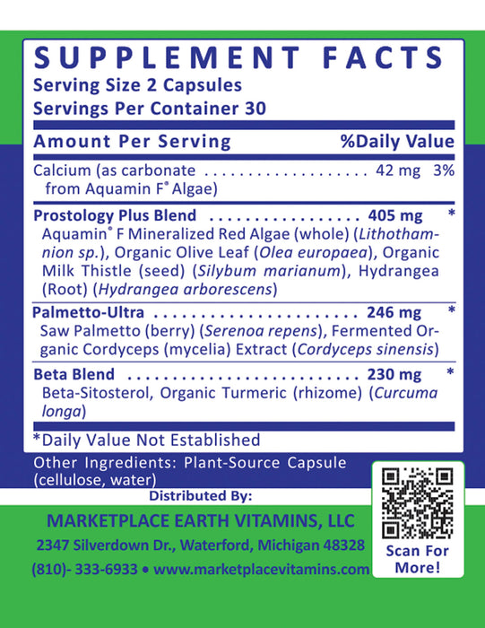 Prostology Plus Prostate Support - Prosta-Pro Blend™ 405 mg Aquamin® F Mineralized Red Algae (whole) (Lithothamnion sp.), Organic Juniper (fruit) (Juniperus communis), Organic Olive Leaf (Olea europaea), Organic Milk Thistle (seed) (Silybum marianum), Hydrangea (Root) (hydrangea arborecens) Palmetto-Pro Blend™ 246 mg Saw Palmetto (berry) (Serenoa repens), Organic (Cordyceps mycelia) Extract Beta-Pro Blend™ 230 mg Beta-Sitosterol, Organic Turmeric (rhizome) (Curcuma longa)