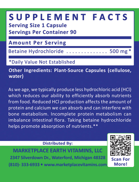 HCL Digestron Digestive Support - Betaine Hydrochloride 500 mg- Marketplace Earth Vitamins, L.L.C.